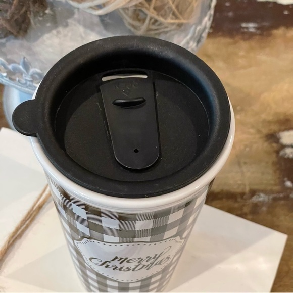 MERRY Christmas Black & White Buffalo Check Ceramic Travel Mug With Lid - Picture 3 of 4